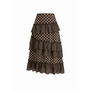 Cider Mid Rise Polka Dot Lettuce Trim Layered Ruffle Hem Maxi Skirt