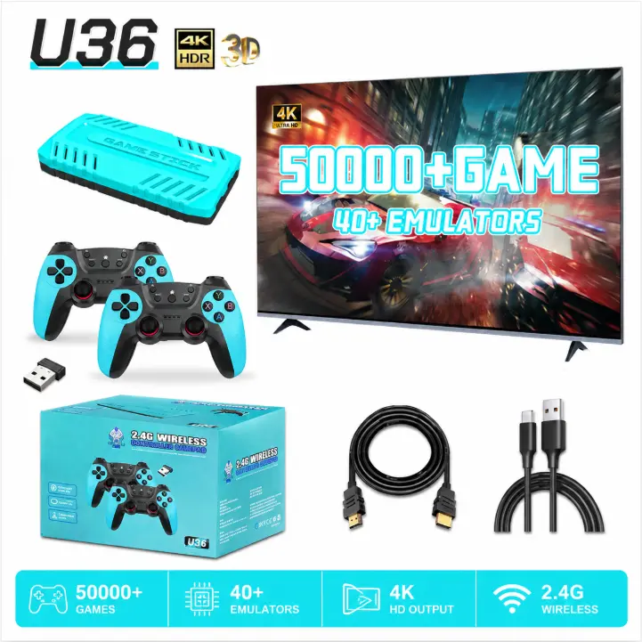 U36 Retro Game Stick | 4K HDMI, 50,000+ classic games, dual 2.4 GHz wireless controllers