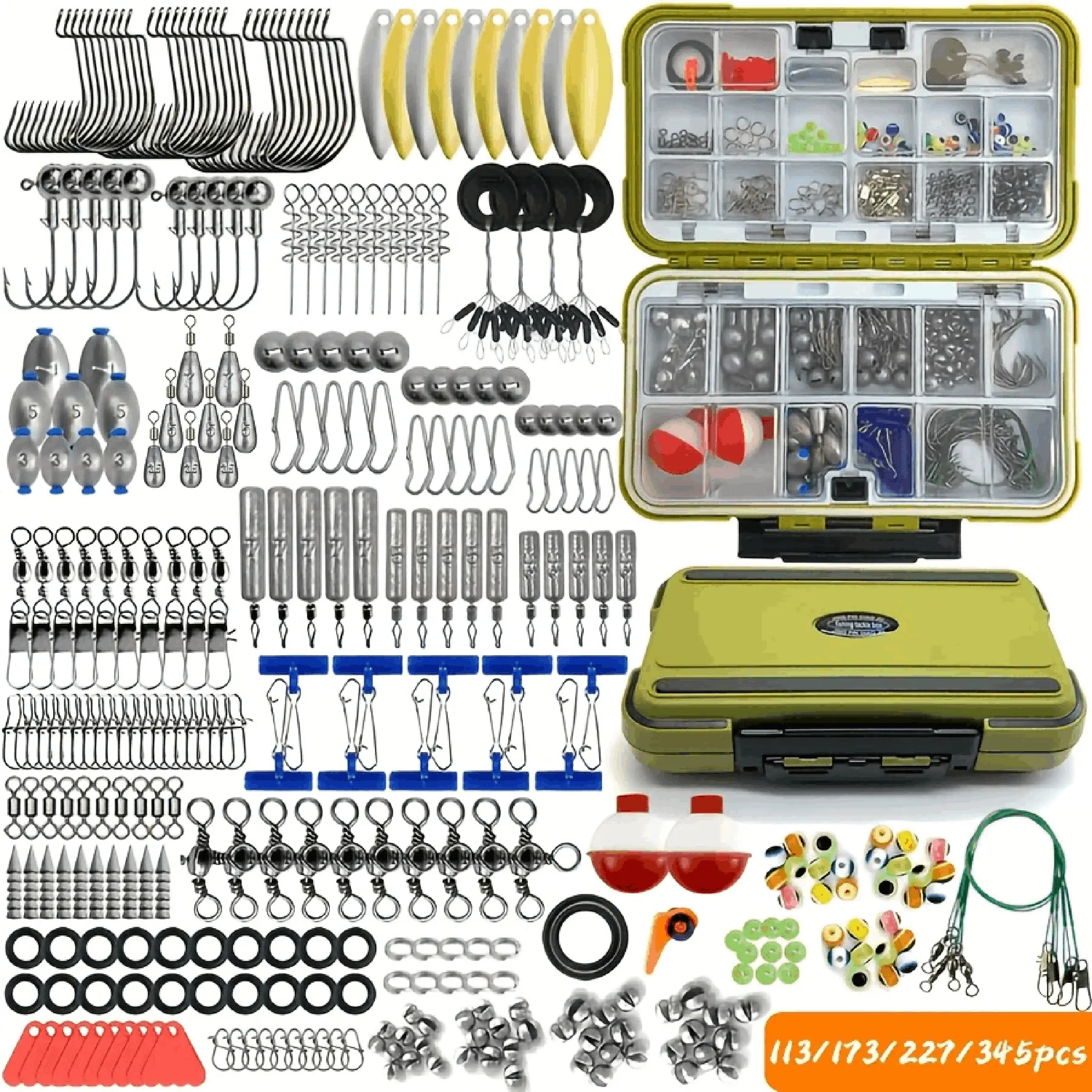 Takami Fishing Kit Set, Includes Hooks, Beads, Sinkers, Connectors, Swivels, Suitable for Freshwater and Saltwater, 113/173/227/345pcs
