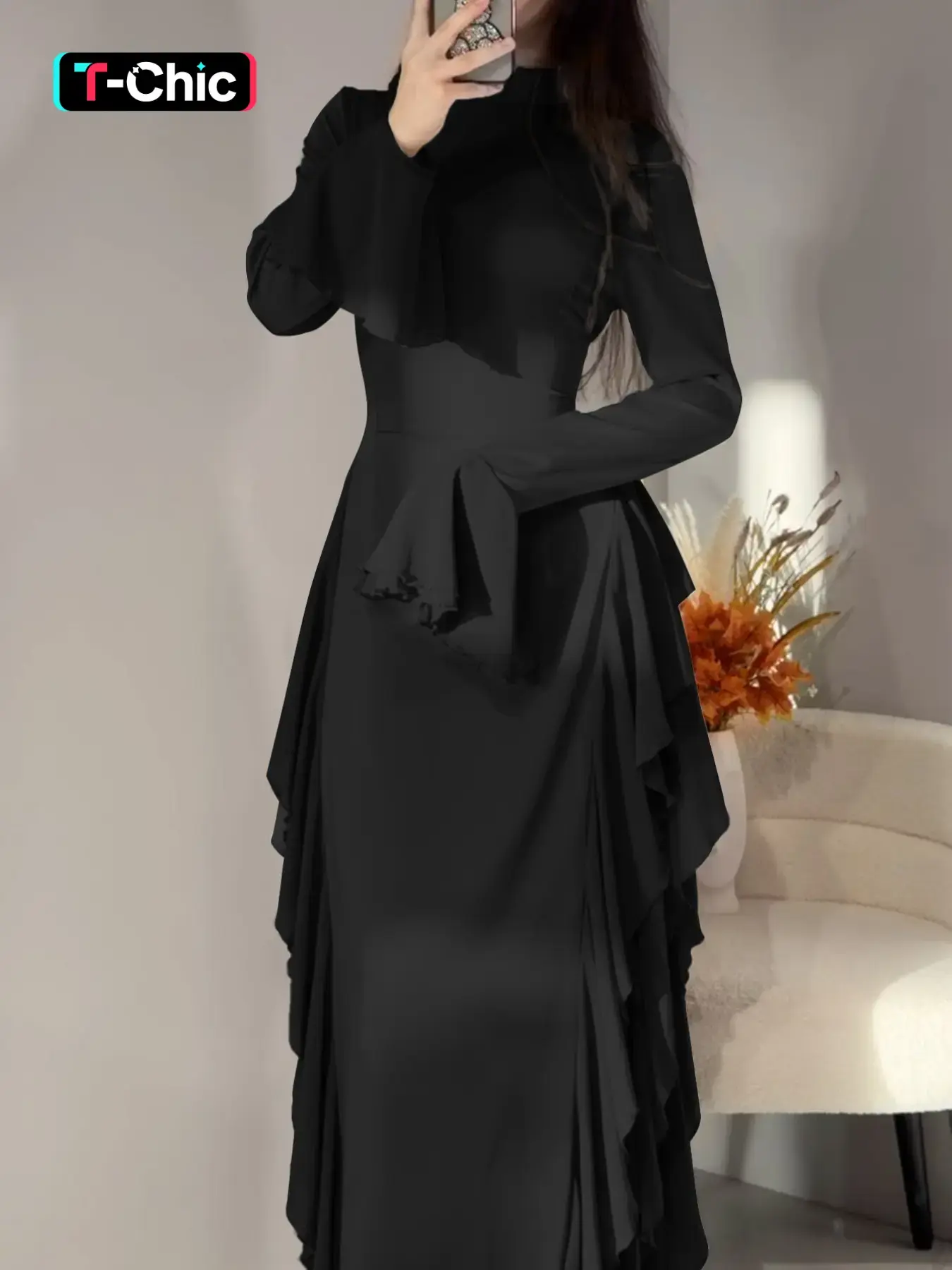 Solid-Color Flare-Sleeve Long Dress with Waist-Cinching Effect, Plain Pattern Slim-Fitting Chic Holiday Evening Dress for Women, Perfect for Spring and Fall - TikTok Shop Solid-Color Flare-Sleeve Long Dress with Waist-Cinching Effect, Plain Pattern Slim-Fitting Chic Holiday Evening Dress for Women, Perfect for Spring and Fall - TikTok Shop