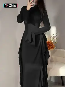 Solid-Color Flare-Sleeve Long Dress with Waist-Cinching Effect, Plain Pattern Slim-Fitting Holiday Dress for Women, Perfect for Spring and Fall