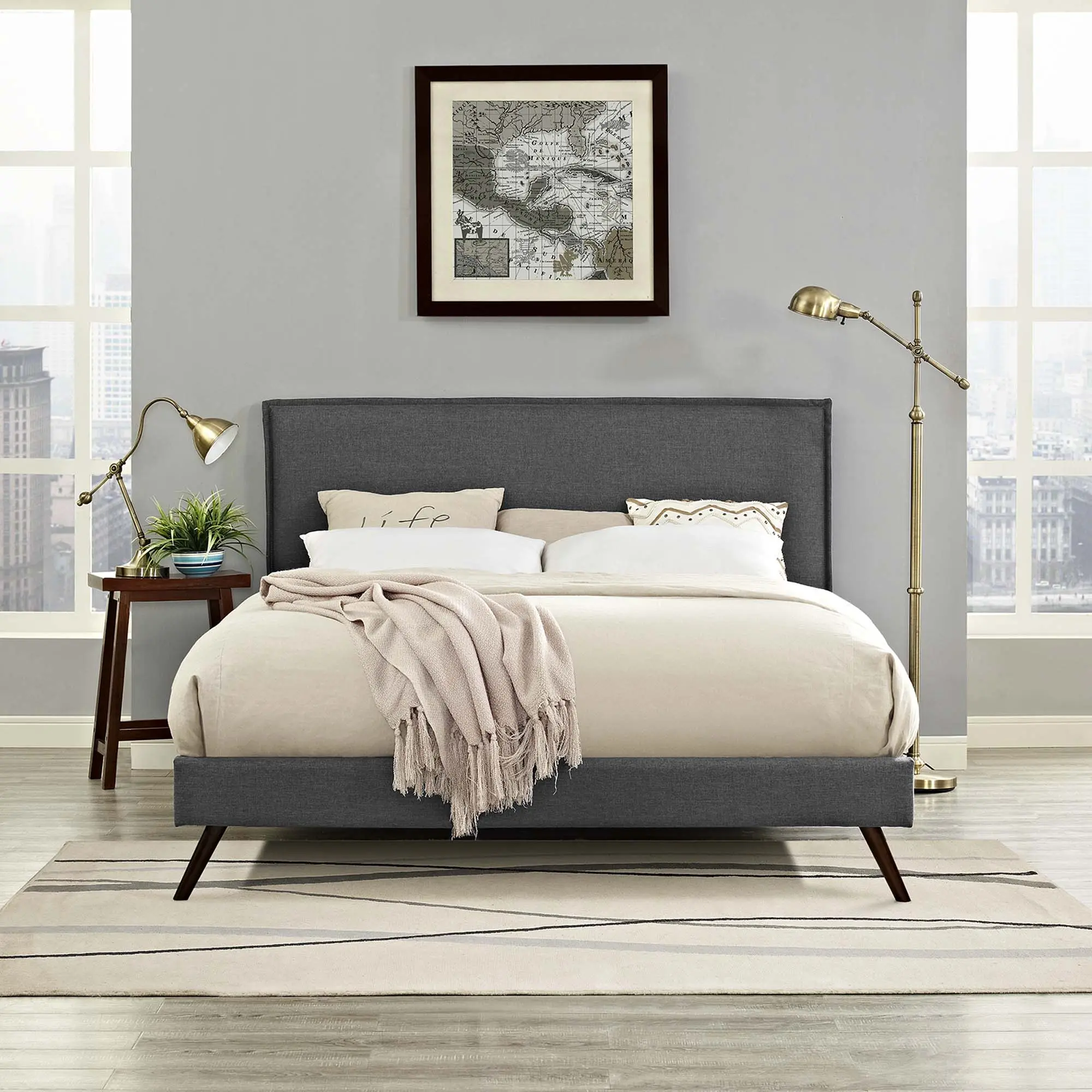 Amaris Fabric Full Platform Bed with Round Splayed Legs in Gray