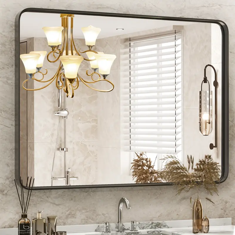 Sweetcrispy Classic Wall-Mounted Black Anti-Rust Aluminum-Frame Rectangular Tempered Glass Mirror - Adjustable Bathroom Fixtures, Shatterproof, Multi-Size, Hanging Strips, Horizontal/Vertical Hanging for Vanity, Living Room, Fireplace, Entryway Home Decor