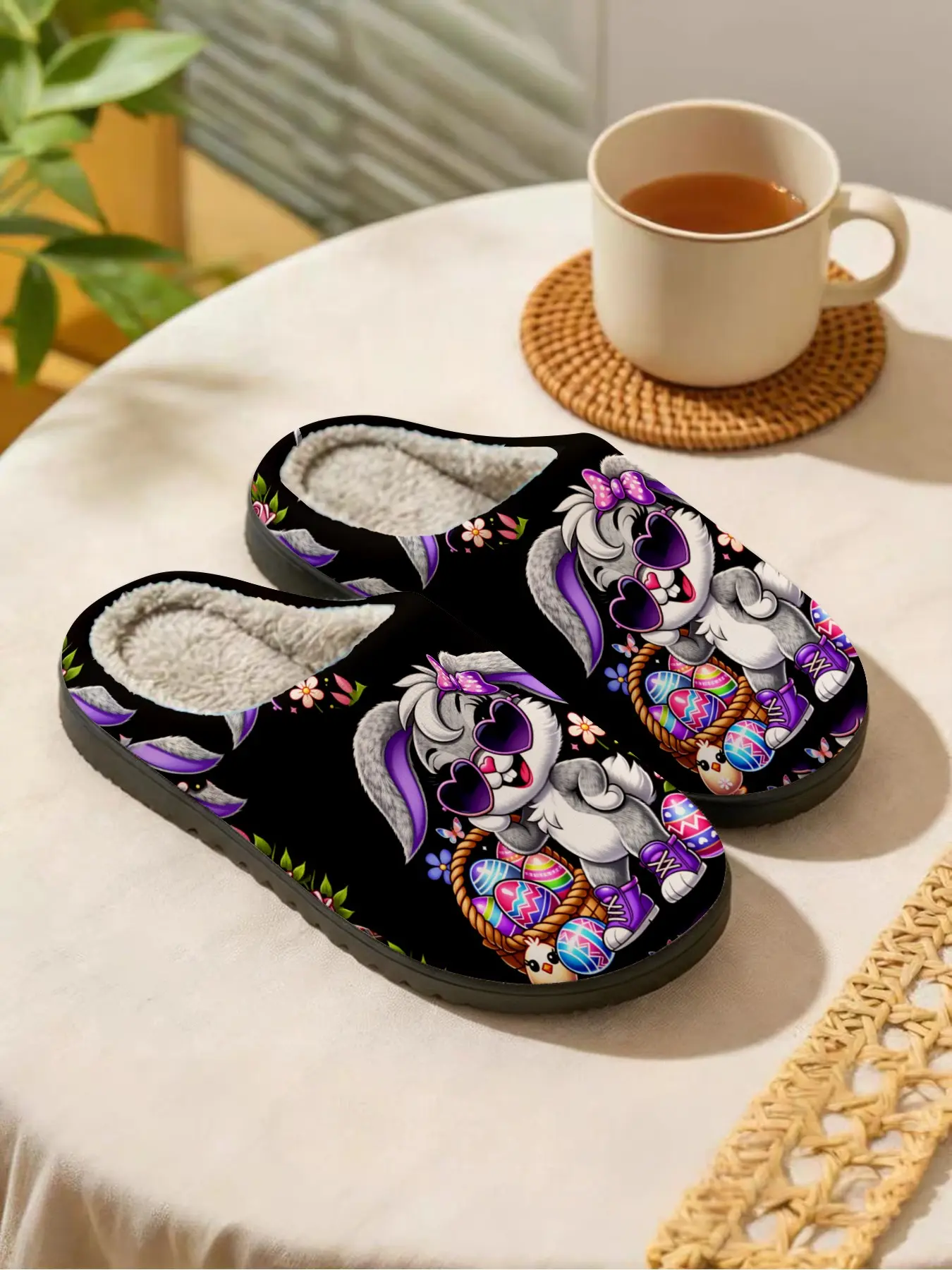 Easter Trendy Cute Bunny | Playful & Energetic 1 Pair Faux Fur Lined Non-Slip Cozy Warm Home Plush Slippers For Men & Women (Lounging/Relaxing/Bedroom/Living Room) Spring Summer