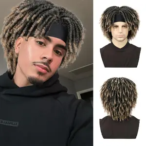 6 Inch Afro Curly Faux Dreadlock Wig with Headband, High Temperature Resistant Synthetic Hair, Full Density Rose Net Cap, Realistic Styling Hairpiece for Men Daily Casual Wear