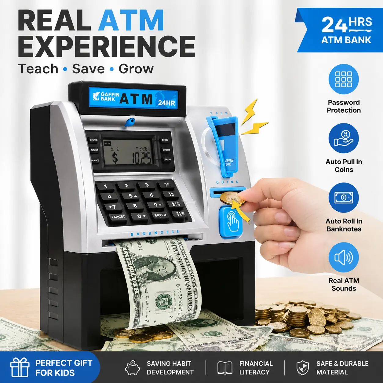 New Kids' ATM Piggy Bank with Debit Card, Coin Recognition, and Balance Tracking for Fun Money Learning