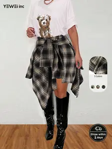 Women's Fashion MulticolorPlaid Print Asymmetrical Hem HighWaist Skirt, Back To SchoolClothes, Summer Clothes Women,Casual Comfort Elastic Waist TieredLayer Knee Length Skirt for SummerGoing out Streetwear, Galentine'sIdeas Gift,Womenswear Bottom