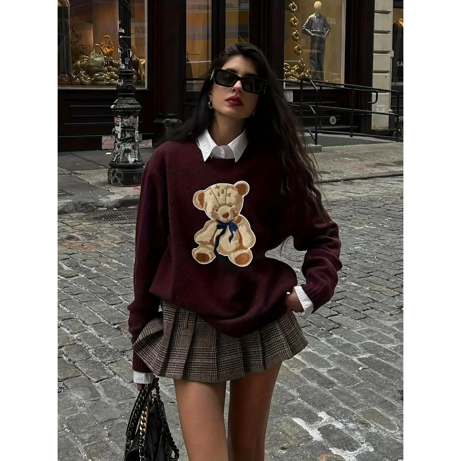 Women'S Elegant Sweater - Long Sleeve Round Neck Pullover with Cute Bear Graphic, Soft Everyday Chic Sweater for Women, Office, Party, Casual Outfits - Elegant Women'S Clothing, Cute Sweater, Party Attire, Office Wear, Cozy Material, Fashion Lovers
