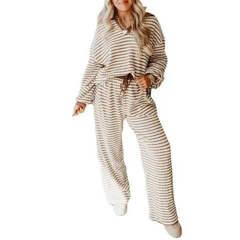 Znacicc Chic Winteroutfit Striped Lounge Set for Women Elegant Collared Knit Top & High Waisted Wide Leg Pant Outfit Comfortable Loungewear Ensemble Long Sleeve Womenswear Homewear Pjs Nightwear Pajama Style Casual