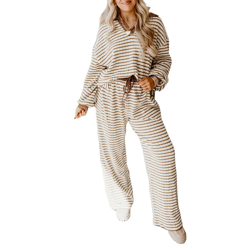 Znacicc Chic Winteroutfit Striped Lounge Set for Women Elegant Collared Knit Top & High Waisted Wide Leg Pant Outfit Comfortable Loungewear Ensemble Long Sleeve Womenswear Homewear Pjs Nightwear Pajama Style Casual