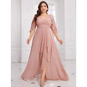 ??Plus Size?? Plain Ruffle Trim Wrap Chiffon Dress, Elegant V Neck Flounce Sleeve A Line Dress for Party Wedding Guest, Women's Clothes for All Seasons