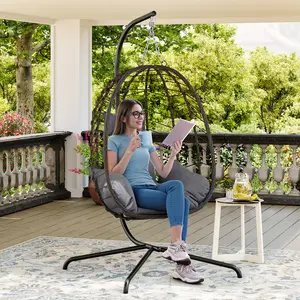 Swing Egg Hanging Chair with Stand, Foldable Rattan Hanging Basket Chair with Cushion, Pillow & Cup Holder for Indoor Outdoor Garden, Patio, Balcony and Porch Relaxation-Christmas Gifts.