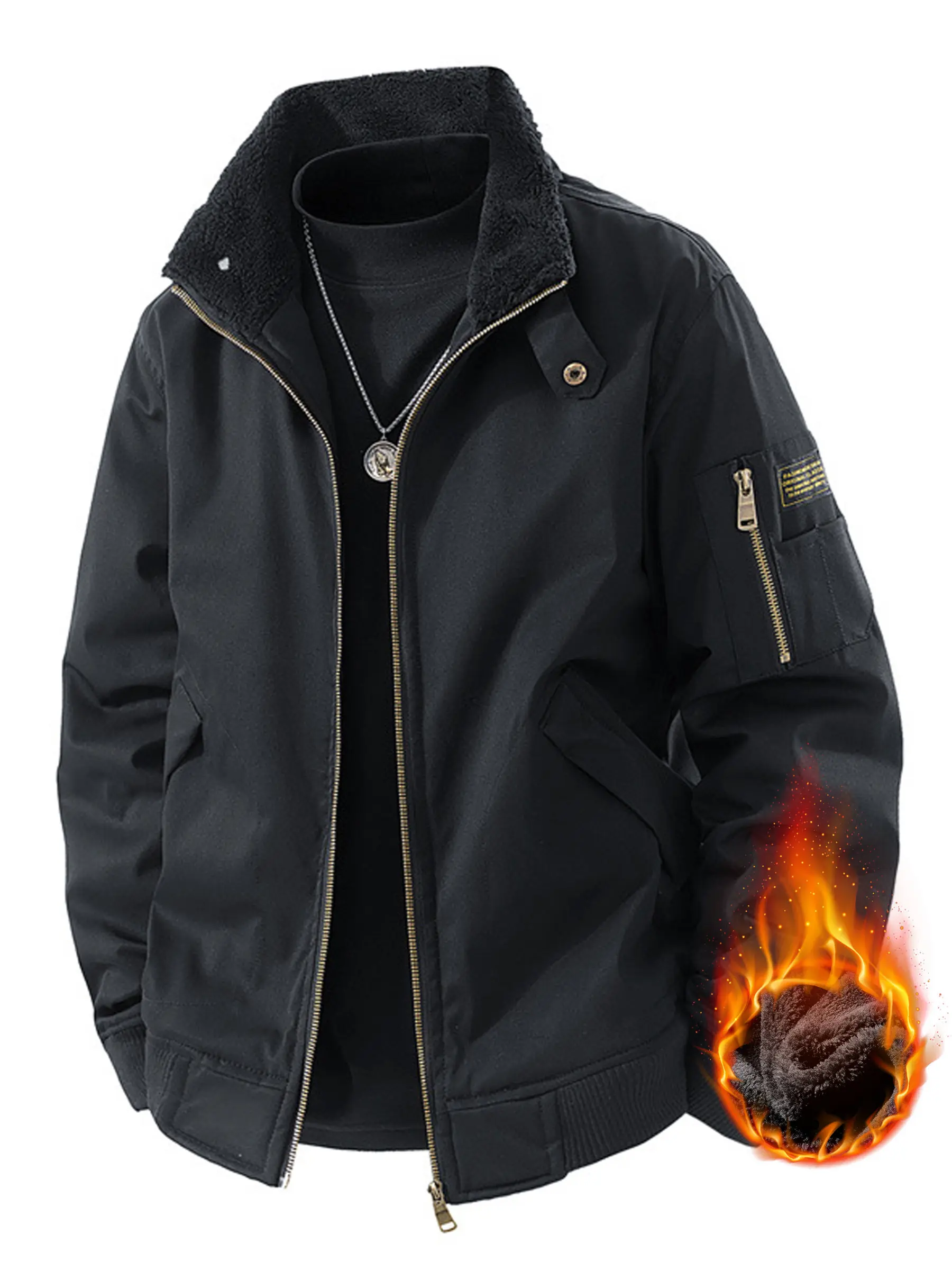 Men’s Stylish Thickened Long Sleeve Aviator Coat - Black Stand Collar Zip-Up Windproof Military Flight Menswear Top with Multiple Pockets, Warm Cold-Resistant Winter Streetwear Outerwear, Coats