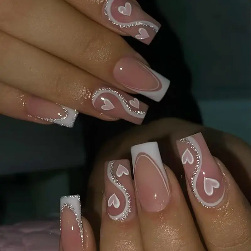24pcs Press-On Nail Set, Medium-Long Square French Tip Decorative Nails, Rhinestone Design, Korean Style, Includes Jelly Glue & File, Reusable, Nail Kit Set, DIY Nail Art