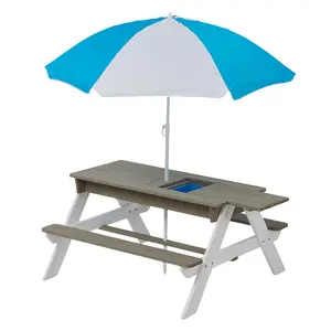 Kids Wooden Sand & Water Picnic Table, Outdoor Backyard Activity Table with Umbrella