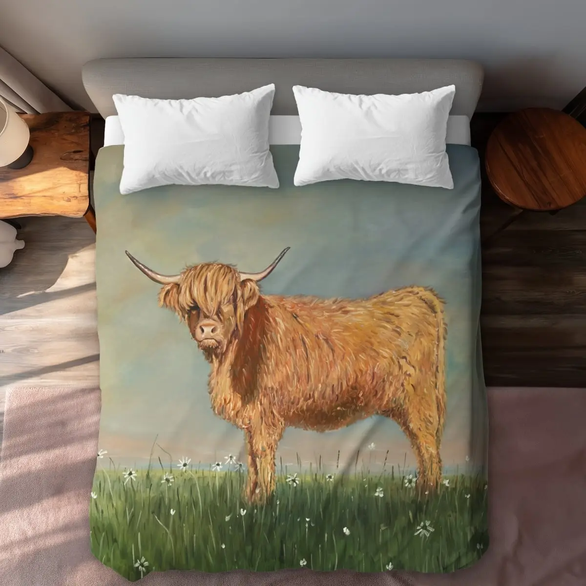 360 Stand Daisy the Highland Cow Queen Size Duvet Cover - Microfiber Face, Botanical Theme, Machine Washable Bedding Accessory for Queen Size Bed Comforters, Botanical Duvet Covers, Graphic Duvet Covers