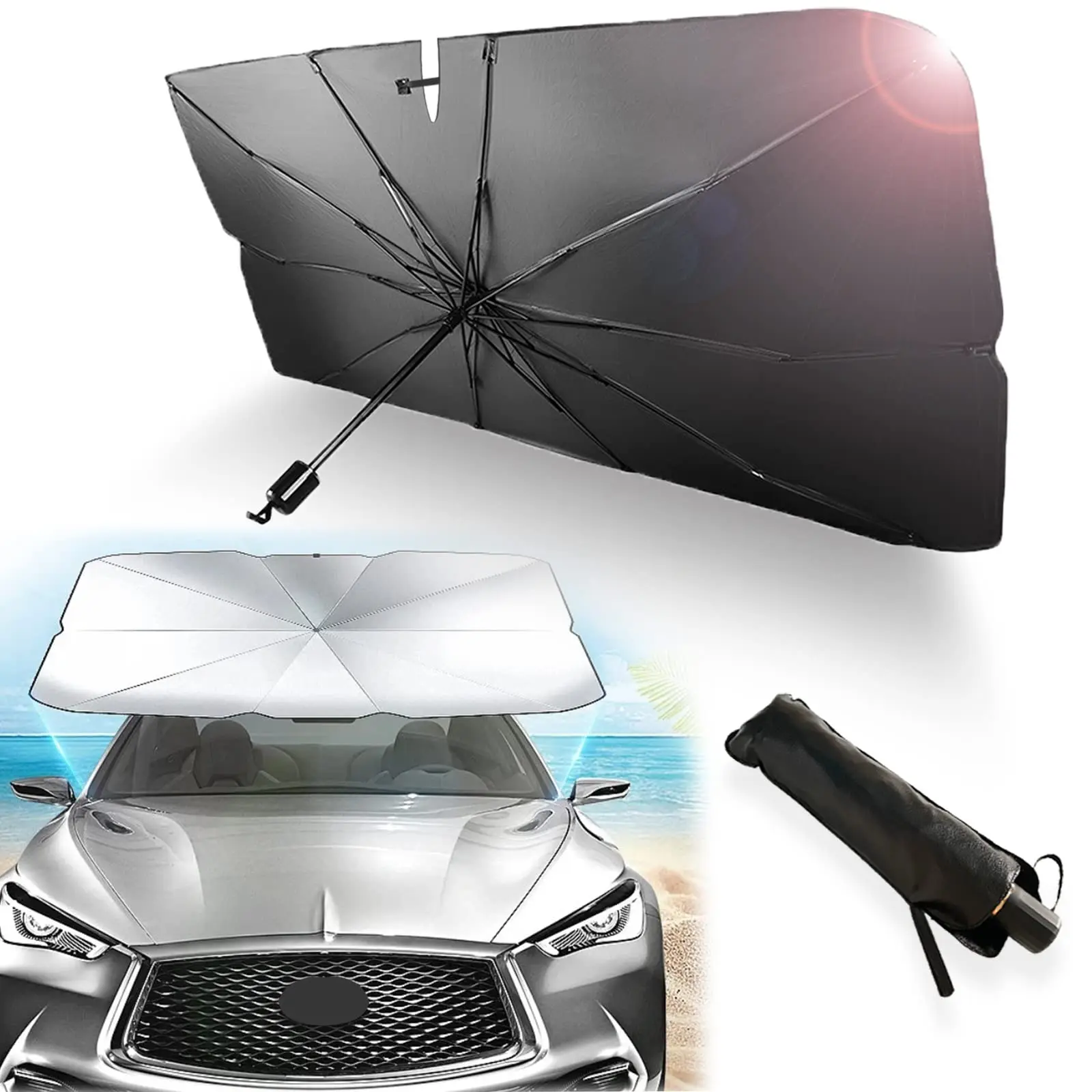 ☀️2026 Car Sunshade Umbrella 🌂 Foldable Windshield Cover 🚗 Heat & UV Protection 🛡️ Keep Interior Cool 56"x31"