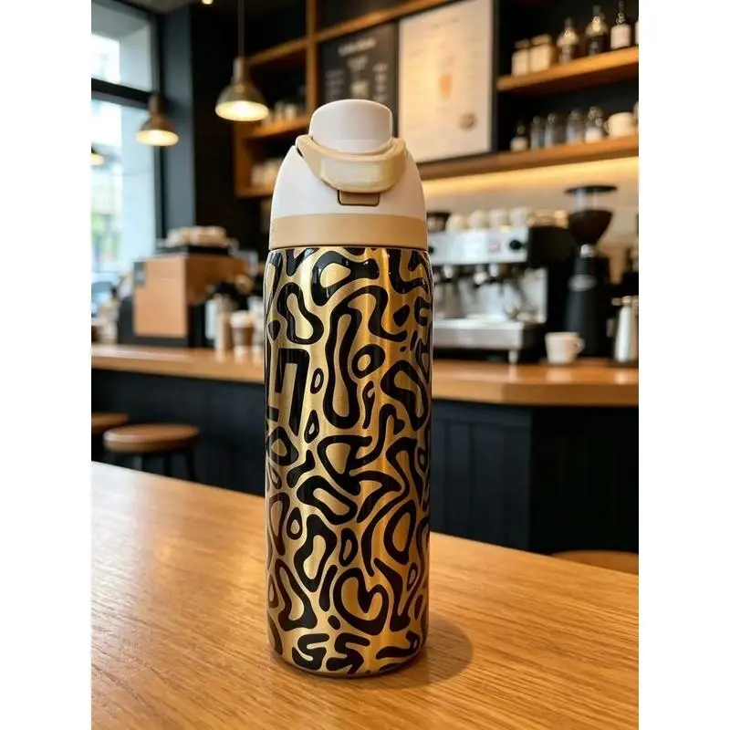 oz Stainless Steel Vacuum Insulated Bottle - Gold Black Leopard Print, Auto-Lock Flip-Top Lid with Button & Loop, Leak-Proof, Anti-Scalding, Explosion-Proof, Stylish Aesthetic Drinkware for Travel, Gym, Women's Fashion Accessory