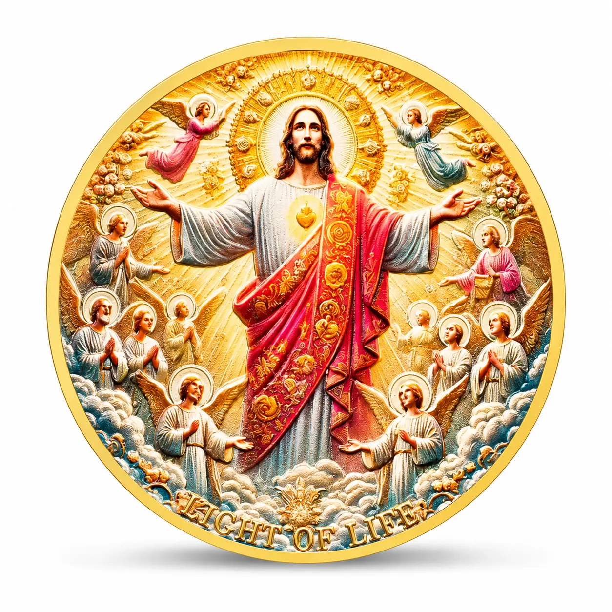 Gold Color Enamel Beating Heart Jesus Sacred Heart Coin, John 8:12 Bible Verse Challenge Coin, Christian Faith Gift for Men, Religious Medallion (Home & Festive Party Supplies), Beating Heart Coin