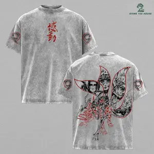Kurama Sharingan T-Shirt – Vintage Washed Narruto Inspired Tee, Nine Tails Fox Anime Graphic Shirt, Oversized Soft Cotton Streetwear, Unisex Casual Apparel, Gift for Anime Fans