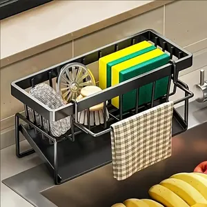 Detachable Sink Drain Rack, multi-functionalstorage rack, hanging design with built-in sponge holderand dish brush holder - space-saving, sturdy carbon steelmaterial, upper and lower compartments,  easy to clean.