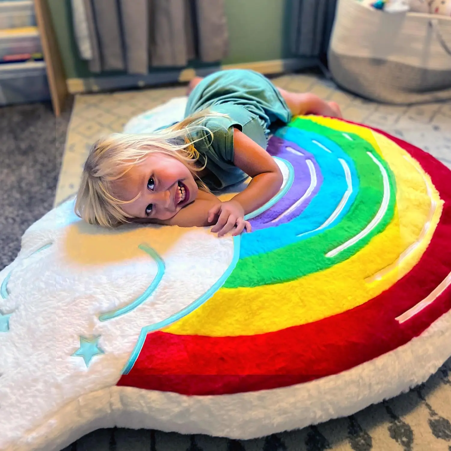 Rainbow Cloud Inflatable Floor Pillow, Kids' Soft Cozy Floor Seat, Colorful Indoor Furniture Décor for Bedroom, Ages 3+