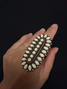 Vintage White Stone Western Statement Ring Boho Oval Adjustable Ring Antique Copper Tone Boutique Jewelry