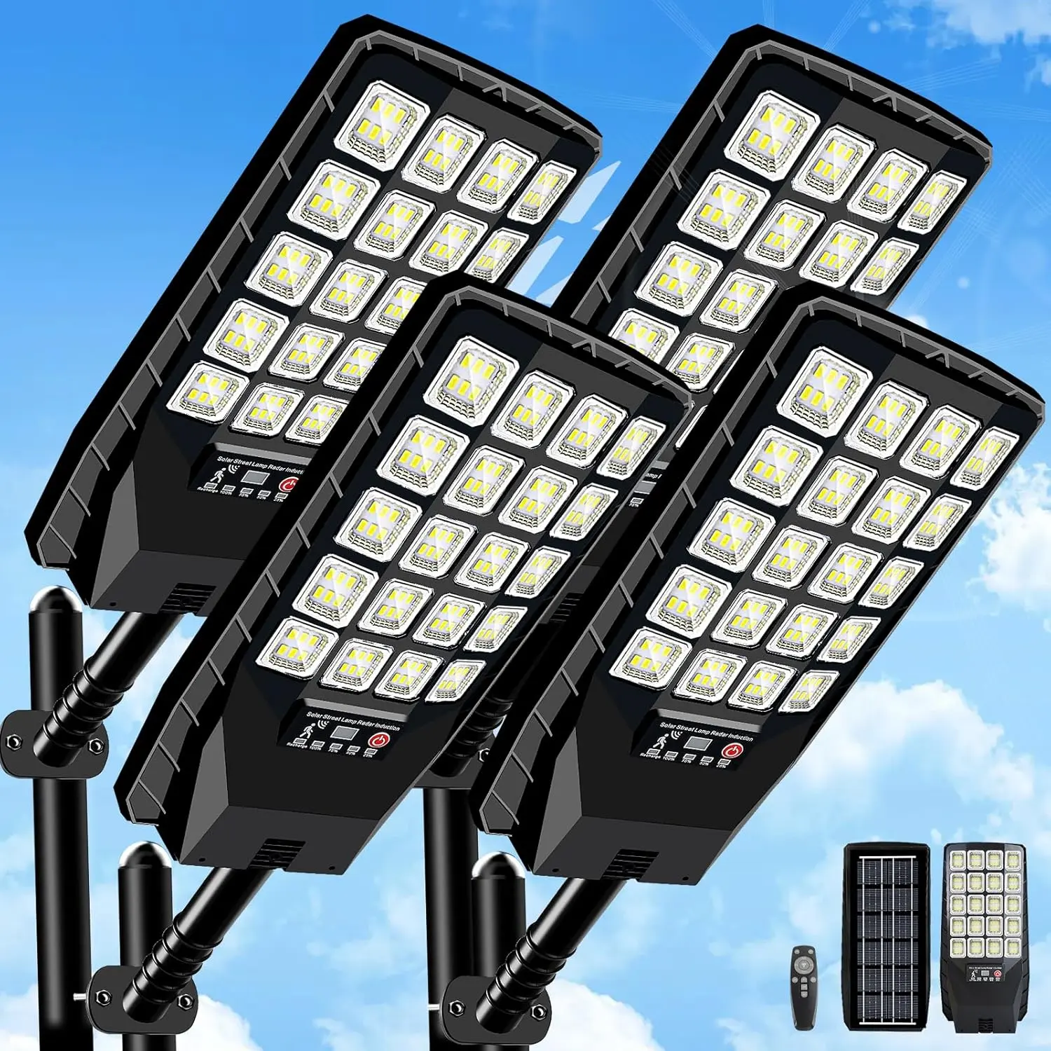 4 Pack Solar Street Lights Outdoor , 6500K 20000LM Wide Angle Solar  Flood Light with Motion Sensor & Remote Control,Dusk to Dawn Commercial Solar Outdoor Light for Parking Lot