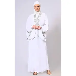 Handcrafted & Machine Embroidered Bell Sleeves White Abaya