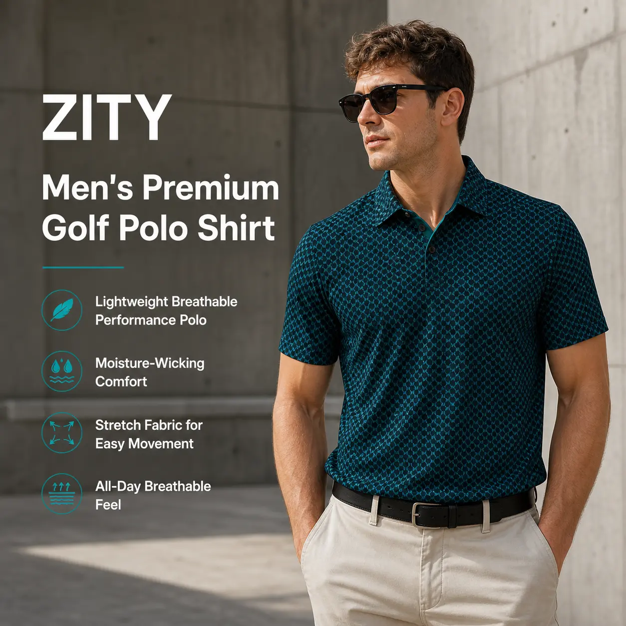 ZITY Men's Premium Golf Polo Shirt, Lightweight Breathable Performance Polo with 4-Way Stretch for Golf, Office and Casual Wear Shortsleeve Natural Casual Sportswear Casual Athletic Wear