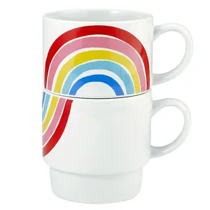 Slant Collections Rainbow Stacking Mugs Set of 2 Ceramic Coffee Cups 14 oz Reusable Washable Drinkware for Hot Beverages Stylish Tumbler Reuse Dishwasher Microwave Safe Gift Choice