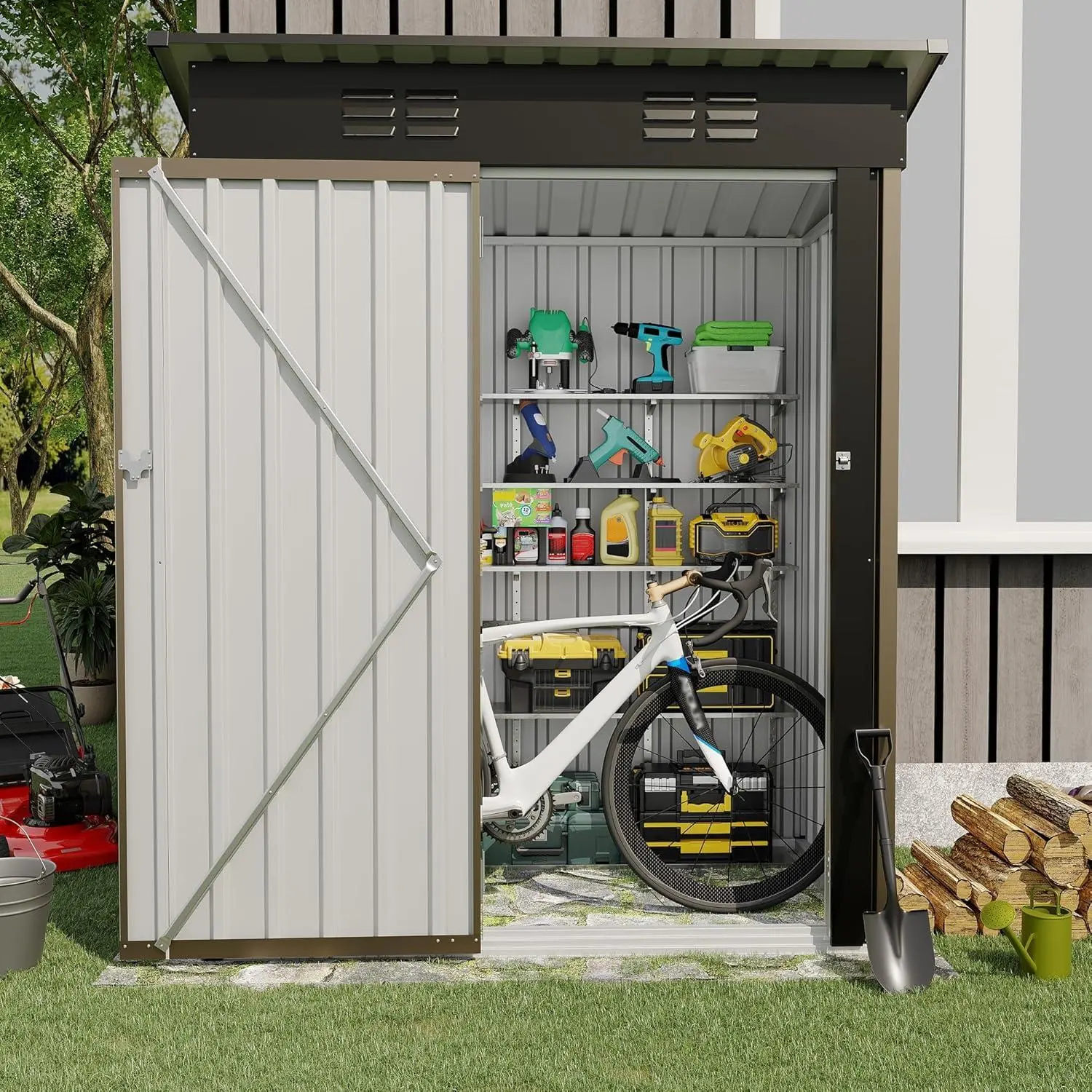 Compact Outdoor Galvanized Steel Storage Shed - 5×3FT, 67CU.FT, Sloping Roof, Lockable Door, Rustproof, Assembly Required, Garden Backyard Organizing Solution