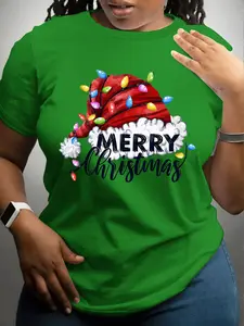 Women's Plus Size Christmas Letter Print Round Neck Short Sleeve T-Shirt, Casual Fashion Top for Spring Summer, Ladies Large Sizes Clothing
