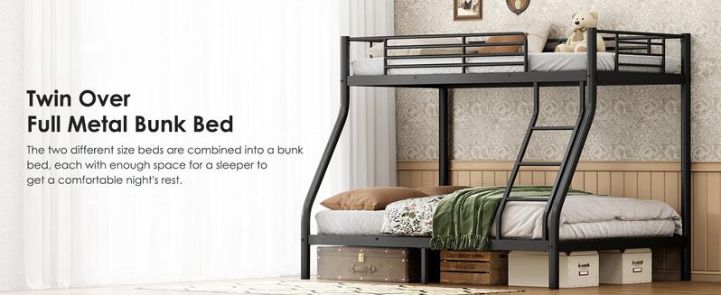 Bunk Bed Twin Over Full Size, Quiet & Sturdy Space-Saving Metal Bunk Bed with 9.8-Inch Guardrail and Ladder for Kids, Teens, And Adults, Black Heavy-Duty Frame with 400 lbs Capacity for Small Bedrooms & Shared Rooms
