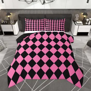 Diamond Plaid Kids Comforter Set Buffalo Check Grid Bedding Set Classic Checked Pink Black Duvet Quilt for Kids Boys Girls Bedroom Decor Microfiber Ultra Soft Breathable
