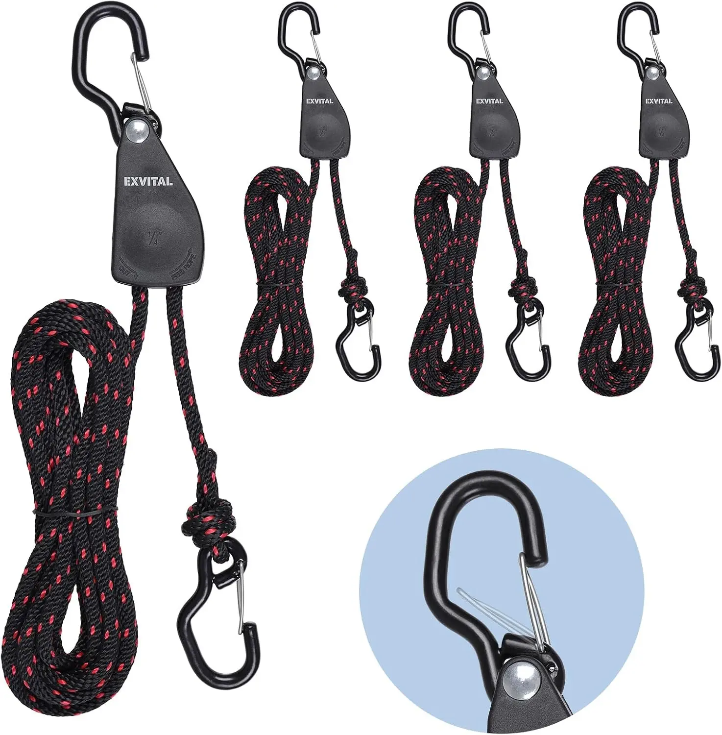 4PCS Kayak Rope Tie Down Ratchet Straps 1/4" ×12' Bow and Stern Tie Down | with Safety S Hook Heavy Duty Ratchet Rope Kayaks and Canoe Accessories Black