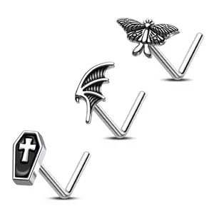 Oufer 20G 3PCS Coffin/Moth/Bat Wing L-Shaped Nose Studs Set