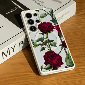 Romantic Dark Red Roses Pattern Matte Magnetic Phone Case for SAMSUNG S22/S23/S24/S25/FE/ULTRA/PLUS Series, Anti-fingerprint & Simple & Versatile