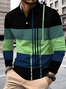 Men's Colorblock Striped Long Sleeve Fitted Polo Shirt, Casual Comfortable Golf Top, All Season Wear, Perfect Gift Idea