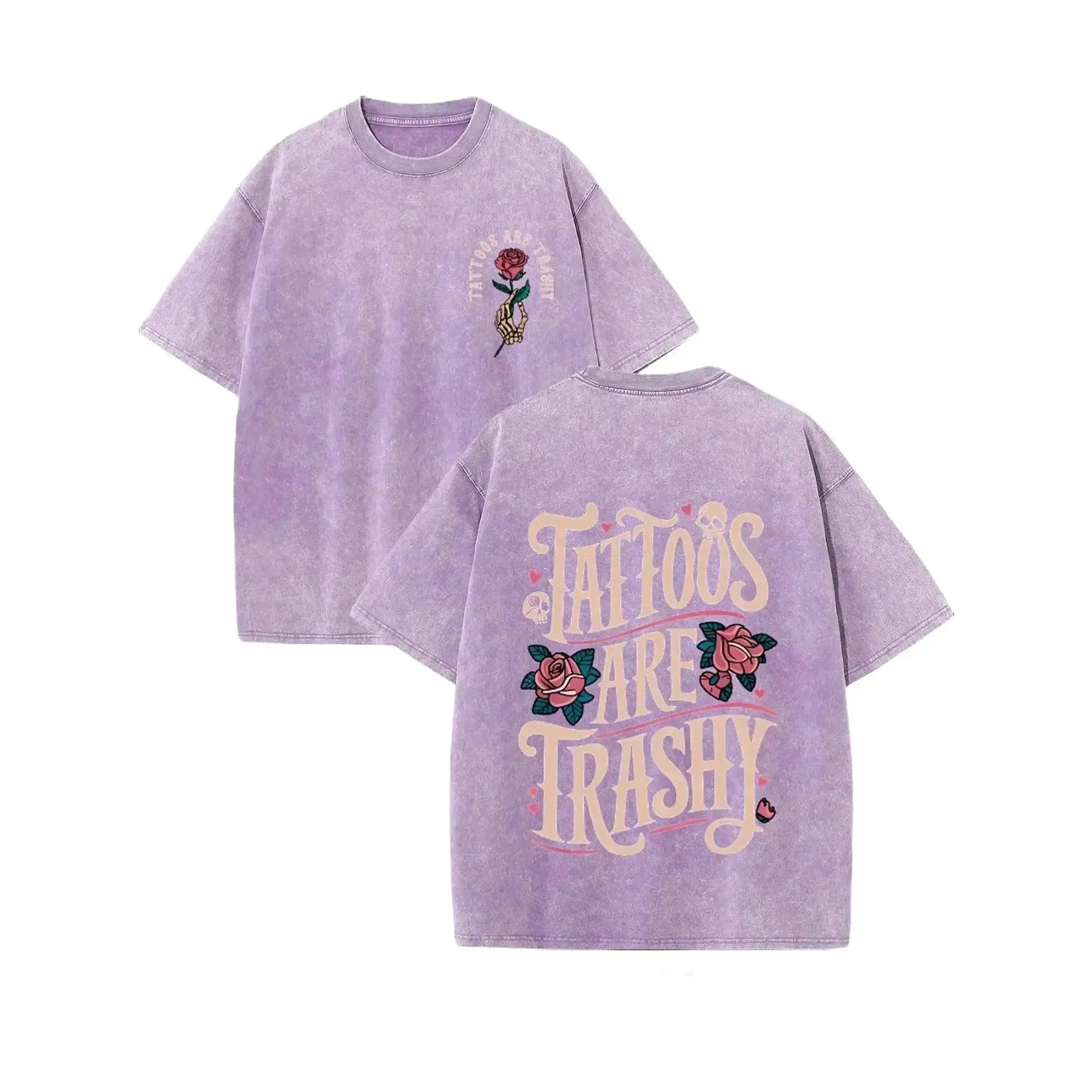 Washed T-Shirt Loose Casual Vintage Men'S T-Shirt Double-Sided Printing Tattoos Are Trashy Pattern Old T-Shirt, Suitable For Gift, Daily Casual And Street Streetwear Crewneck