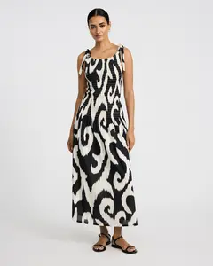 Express Printed Crew Neck Tie Strap Drop Waist Smocked Maxi Dress