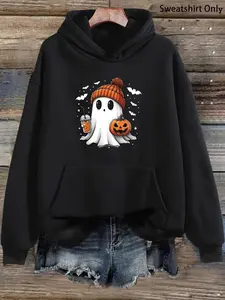 【Plus Size】 Cartoon Ghost Print Drop Shoulder Drawstring Hoodie, Fashion Casual Pocket Hooded Sweatshirt for Daily Holiday Outdoor Wear, Women Clothing for Fall & Winter, Halloween
