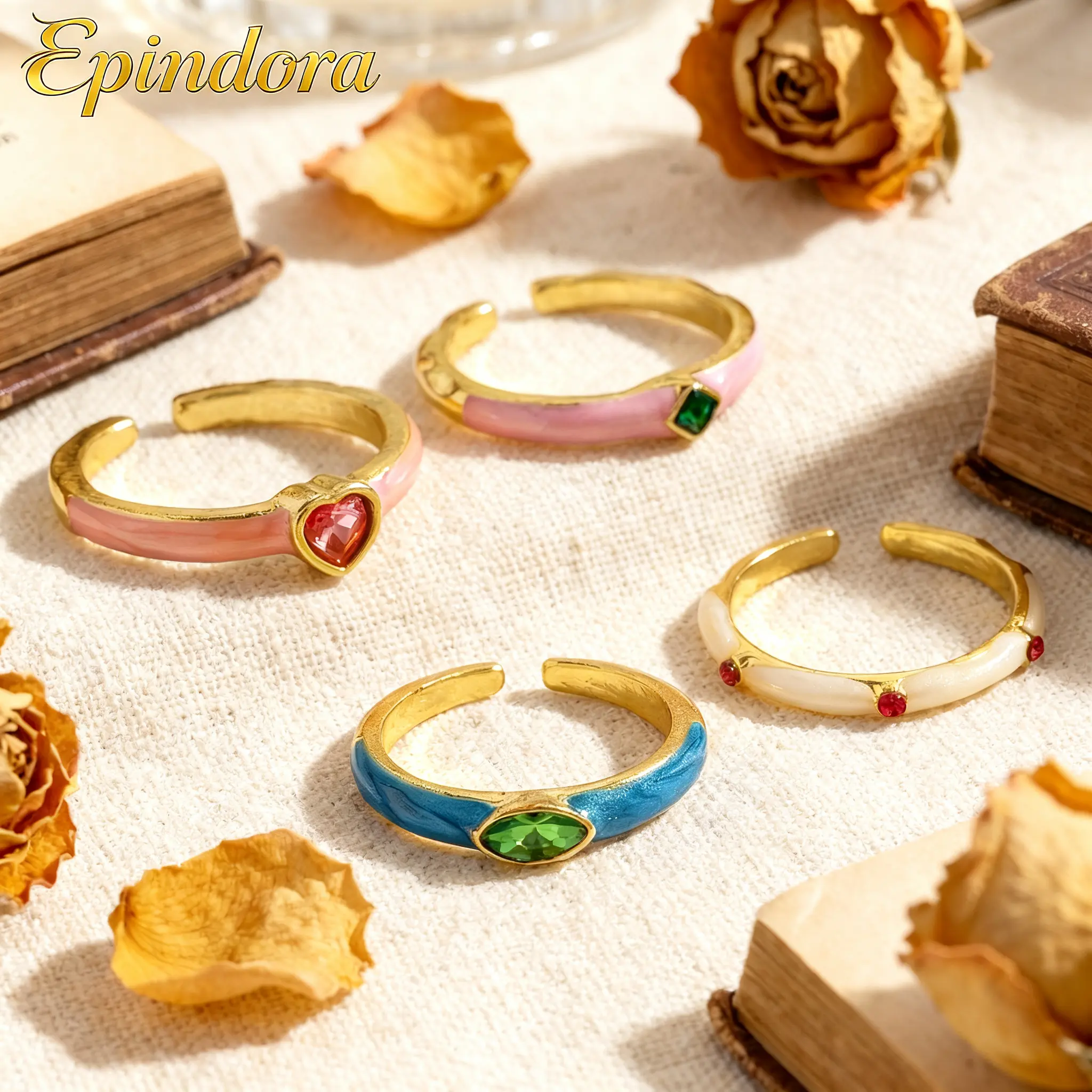 Epindora Sweet Heart Geom. Zirconia Alloy Macaron Enamel Rings, Set of 4