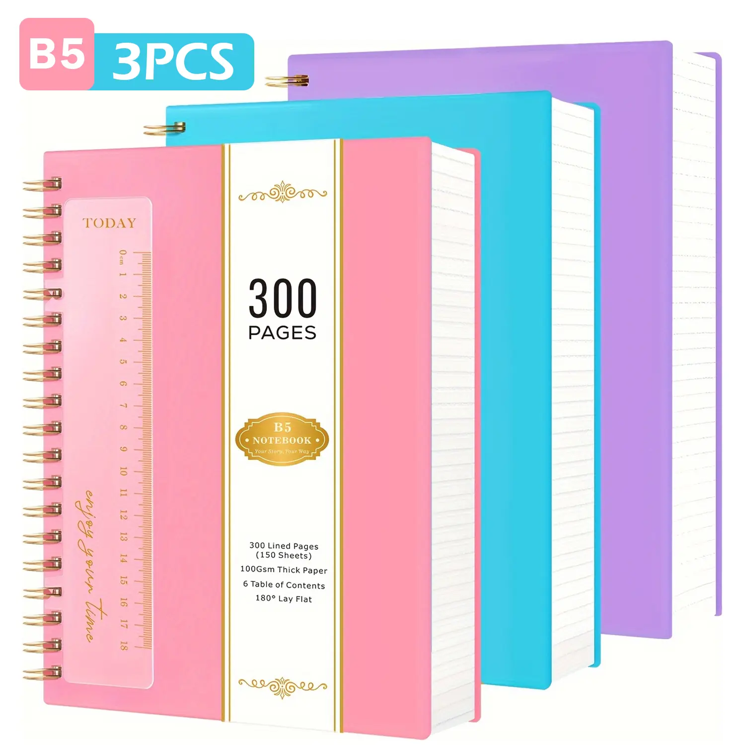 3 Pack B5 Spiral Journal Notebook, 300 Pages College Ruled Notebooks, PVC Waterproof Cover Notepad With 100 GSM Thick Paper, No Bleed, Wirebound Spiral Notepad for Writing, 7.5 X 10.1 in