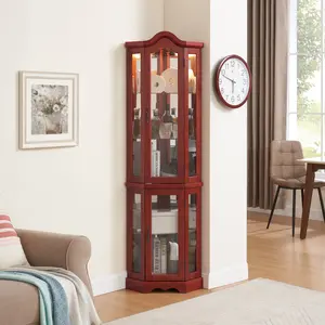 Lighted Corner Curio Cabinet with Tempered Glass Doors & Shelves - Elegant Chey Display Case with Bulb for Living Room & Bedroom Décor- Chey