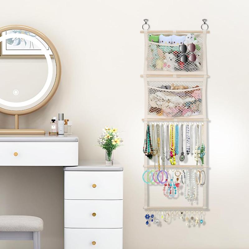 Headband Holder, 17x50in Bow Holder W/ 2 Mesh Pockets & 36 Metal Hooks, Bow Organizer for Girls Hair Clip Jewerly, Wall Hanging Hair Accessories Storage Hanger for Baby Toddler Nursery Decor(Beige)