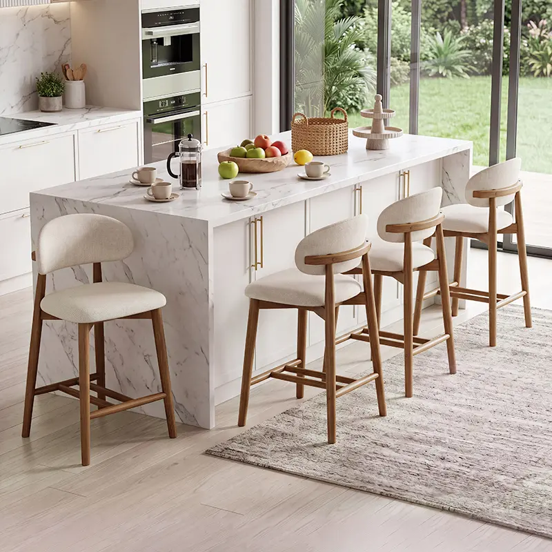 A set of 2 bar stools that match the countertop height; medieval-style modern seat-cushion bar stools with backrests; island bar stools; kitchen bar stools with wooden legs, suitable for kitchen islands and restaurants.Adjustable faux leather decorative c