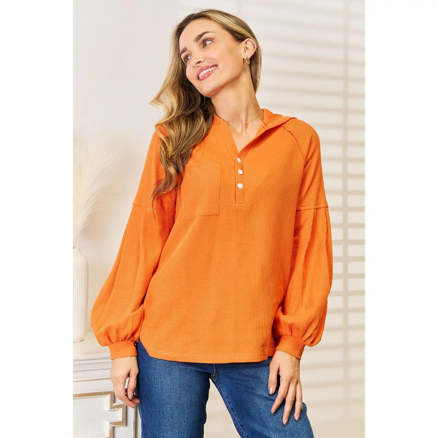 Basic Bae Side Slit Buttoned Waffle Knit Hoodie