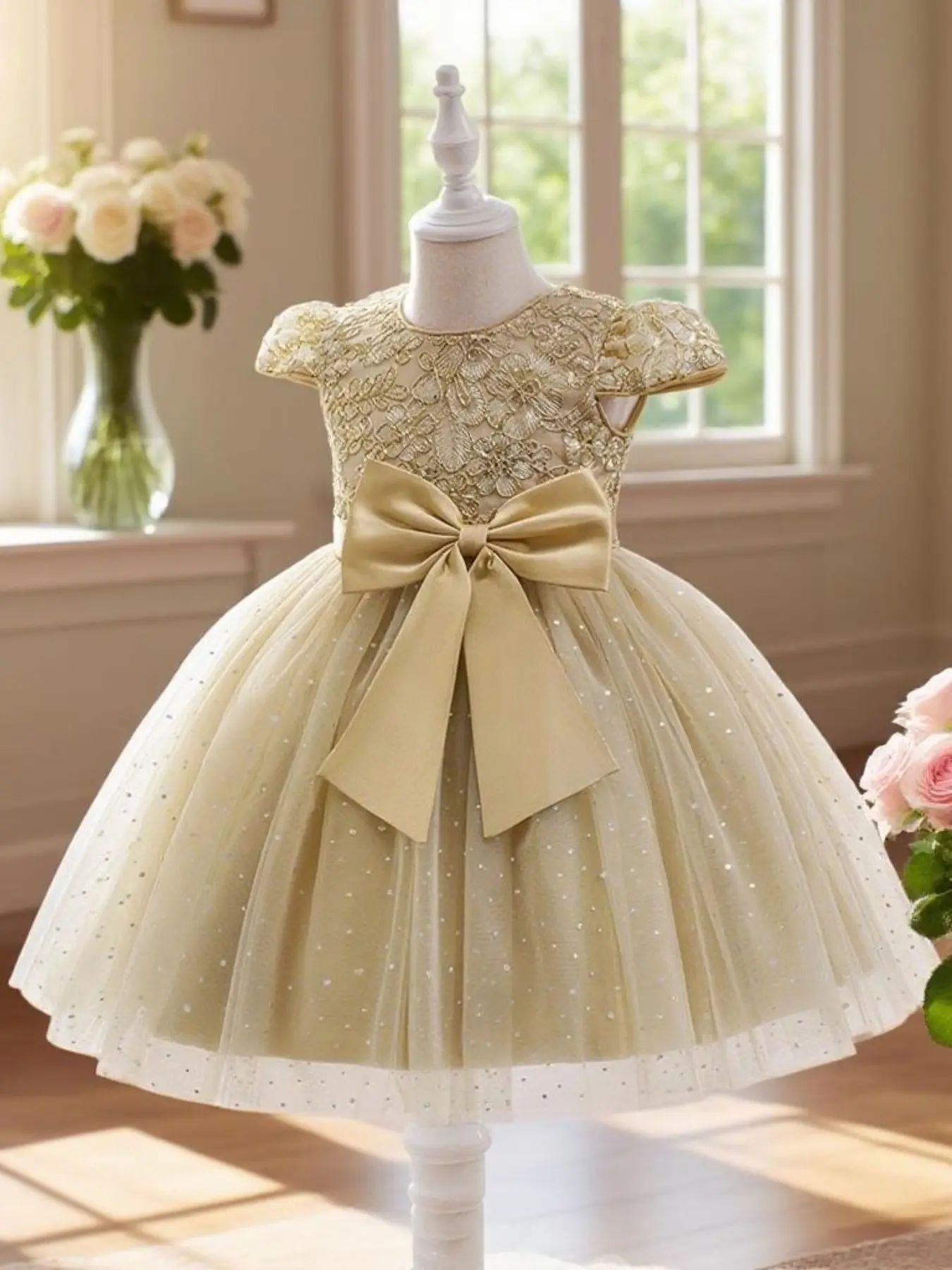 Girls embroidered lace bow tutu skirt with elegant big bow decoration suitable for party performances all seasons children's clothing wedding guest attire stylish and comfortable clothes suitable for young fashionistas Party Outfit