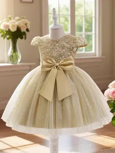 Girls embroidered lace bow tutu skirt with elegant big bow decoration suitable for party performances all seasons children's clothing wedding guest attire stylish and comfortable clothes suitable for young fashionistas